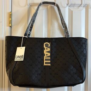 Cavalli Class Tote Bag Sandra Shopper Black Goldtone debossed logo pattern NWT